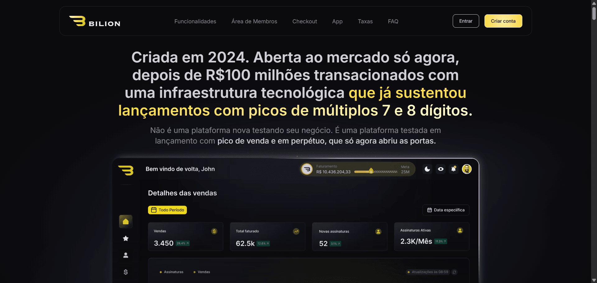 Site da Bilion com apresentação da plataforma e painel de vendas em preto e amarelo.