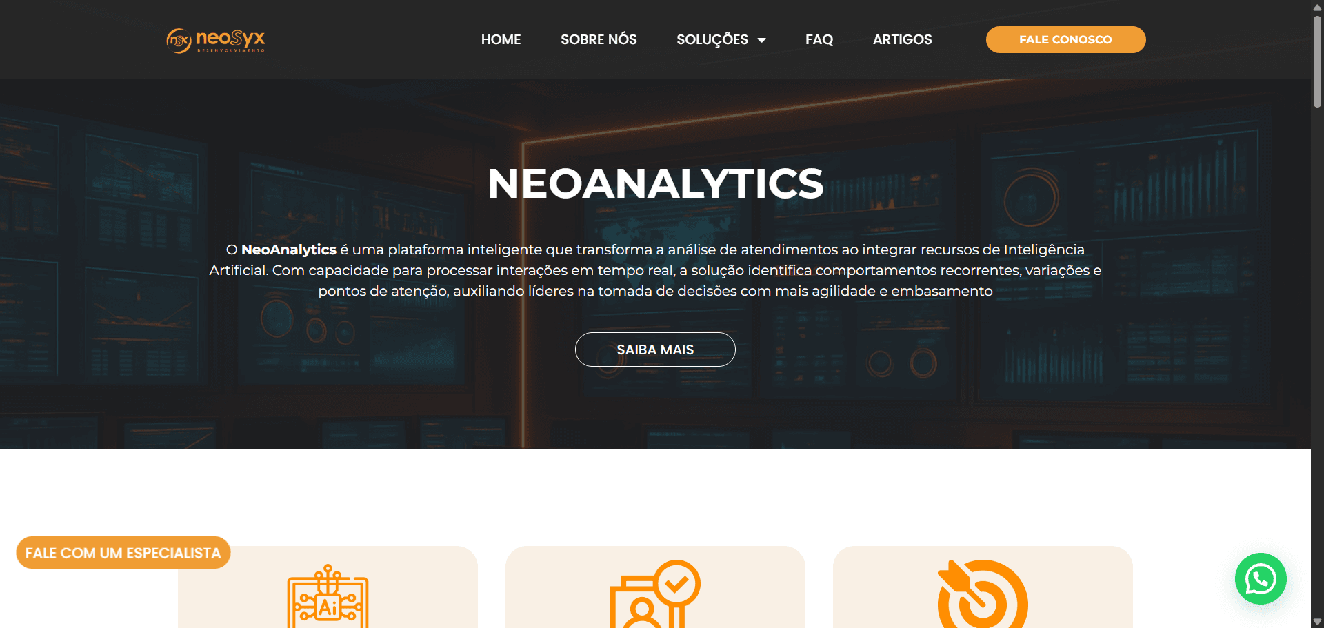 Site da NeoSyx apresentando o NeoAnalytics, com painéis de análise e detalhes em laranja.